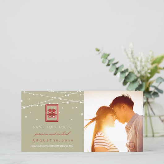 Dubbele gelukslichten sparen de Datum Fotokaart Save The Date (Staand voorkant)