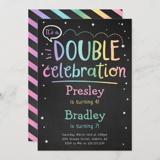 Dubbele gezamenlijke verjaardagsfeestuitnodiging kaart (Voorkant / Achterkant)