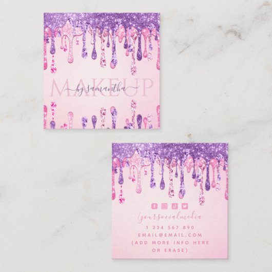 Dubbele glitterroze en Paarse rugleuning Vierkante Visitekaartje (Voorkant / Achterkant)