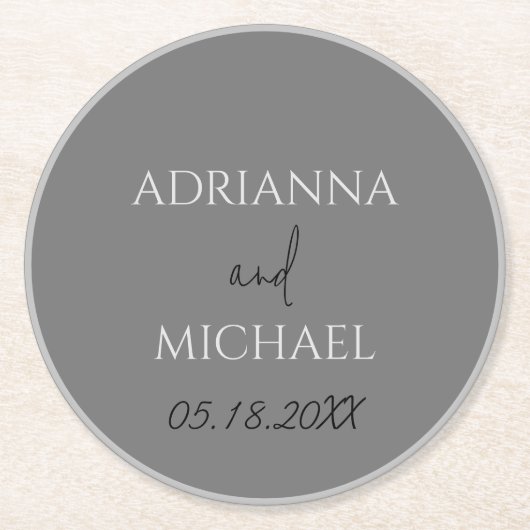 Dubbele Grijze Huwelijkspaar Naam & Datumcirkel Ronde Kartonnen Onderzetter (Voorkant)