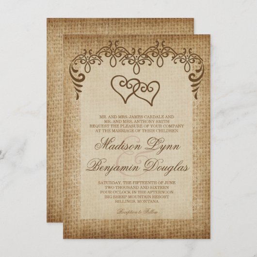 Dubbele harten Rustic Burlap Wedding Invitations Kaart (Voorkant / Achterkant)