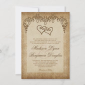 Dubbele harten Rustic Burlap Wedding Invitations Kaart (Voorkant)