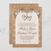 Dubbele harten Rustic Burlap Wedding Invitations Kaart (Voorkant / Achterkant)