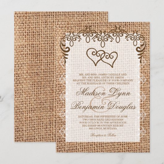 Dubbele harten Rustic Burlap Wedding Invitations Kaart (Voorkant / Achterkant)