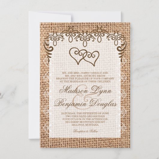 Dubbele harten Rustic Burlap Wedding Invitations Kaart (Voorkant)