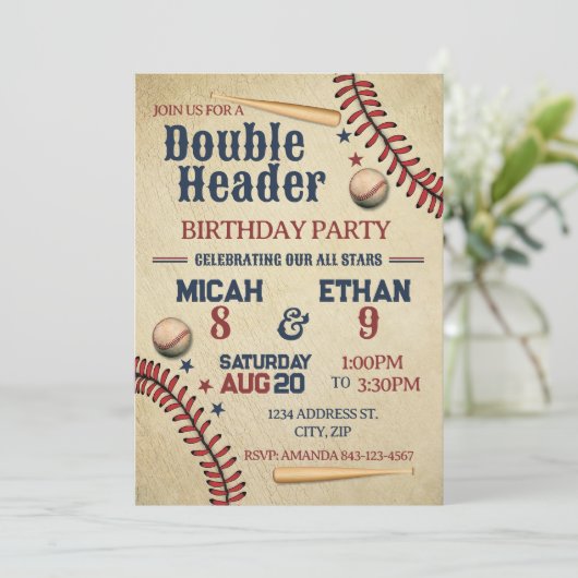 Dubbele Header Baseball verjaardagsuitnodiging Kaart (Staand voorkant)