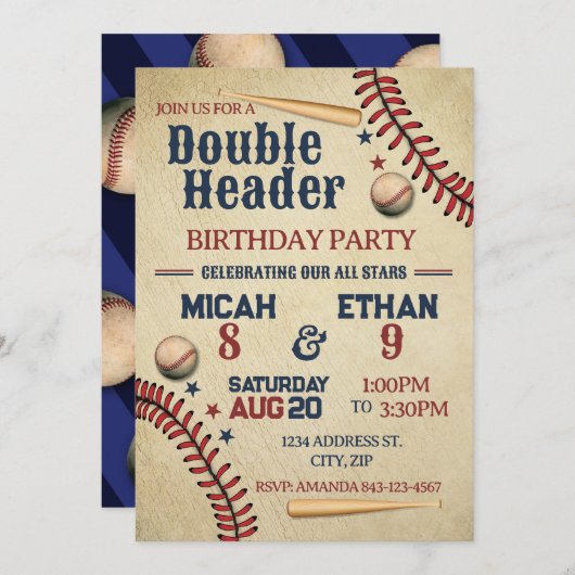 Dubbele Header Baseball verjaardagsuitnodiging Kaart (Voorkant / Achterkant)