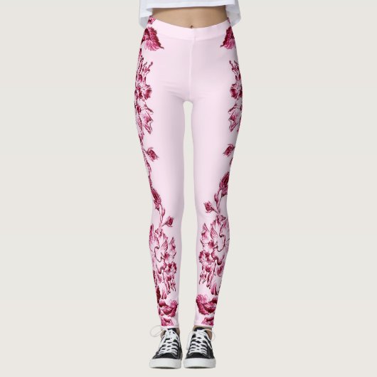 Dubbele Hibiscus Roze op Zwart Leggings (Voorkant)