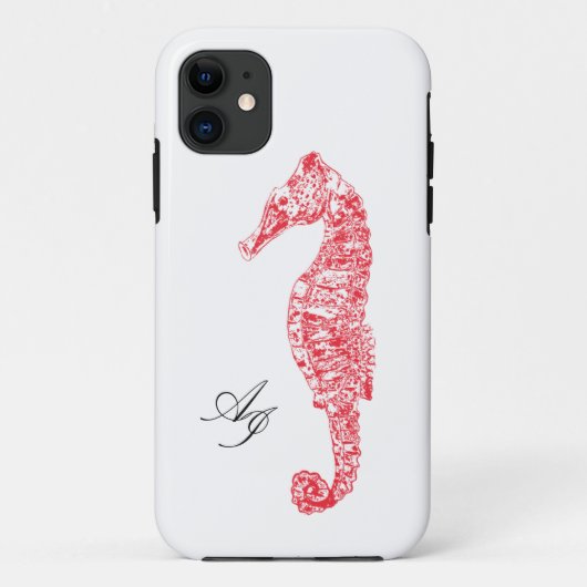 Dubbele initialen rode kust waterverf zeepaardje Case-Mate iPhone case (Achterkant)