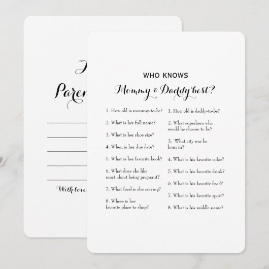 Dubbele kant 2 Baby shower spel- advies | Wie weet Kaart (Voorkant / Achterkant)