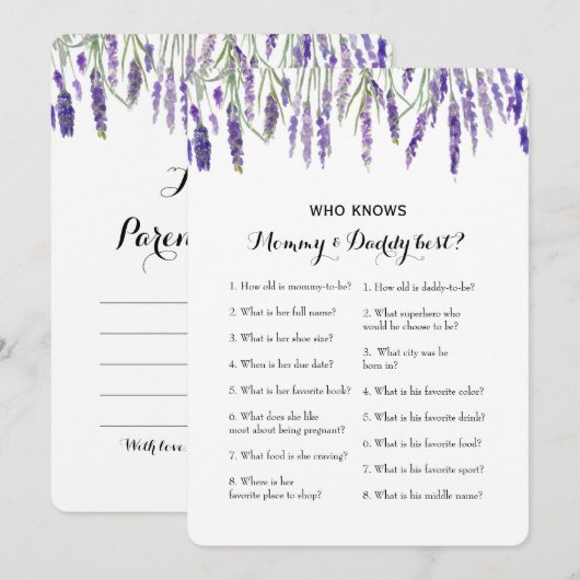 Dubbele kant 2 Baby shower spel- advies | Wie weet Kaart (Voorkant / Achterkant)