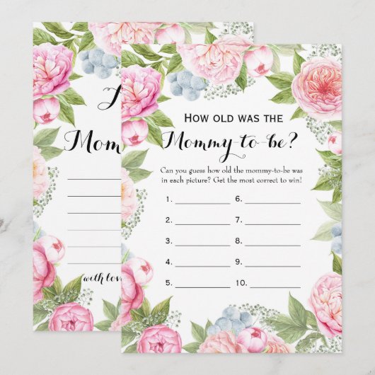 Dubbele kant- 2 Baby shower spelletjes- Hoe oud |  Kaart (Voorkant / Achterkant)