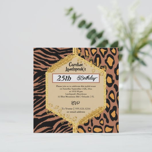 Dubbele Leopard Zebra Prints & Glitter Verjaardag Kaart (Staand voorkant)