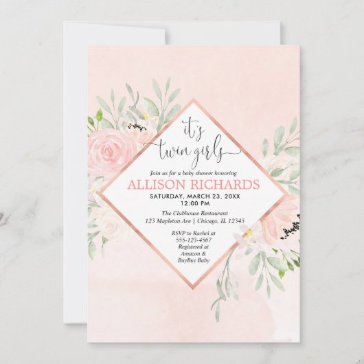 Dubbele meisjes Blush roze roze roze goudflorale b Kaart (Voorkant)