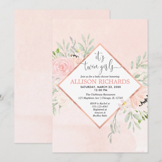 Dubbele meisjes Blush roze roze roze goudflorale b Kaart (Voorkant / Achterkant)