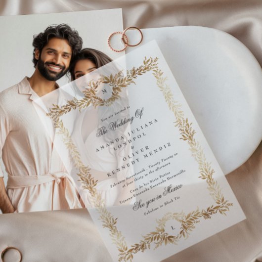 Dubbele Monogram Gouden Botanische lijst bruiloft Vellum Uitnodigingen