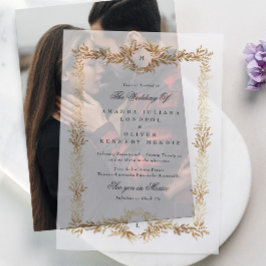 Dubbele Monogram Gouden Botanische lijst bruiloft Vellum Uitnodigingen