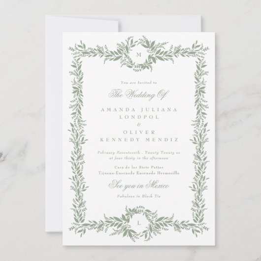 Dubbele Monogram Sage Groene Botanische lijst brui Kaart (Voorkant)