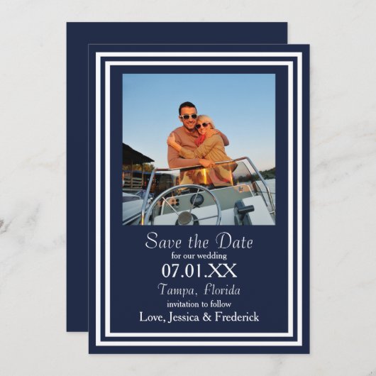 Dubbele Nautische marine - sla de datum op Save The Date (Voorkant / Achterkant)