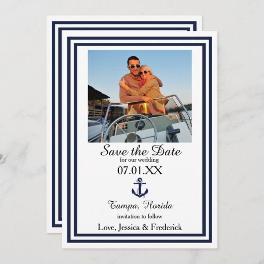 Dubbele Navy Trim Nautical - Save the Date (Voorkant / Achterkant)