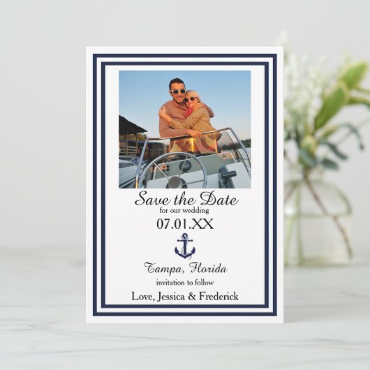 Dubbele Navy Trim Nautical - Save the Date (Staand voorkant)