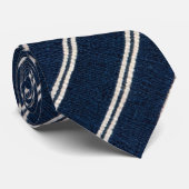 Dubbele Pinstripes Marineblauw Ivoor Weefsel Uitzi Stropdas (Opgerold)