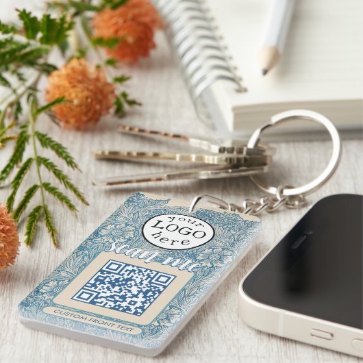 Dubbele QR-code voor bedrijven William Morris Blue Sleutelhanger (Voorkant Rechts)