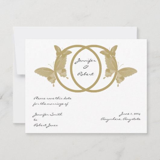 Dubbele Ring Vlinder Monogram Save the Date Kaart (Voorkant)