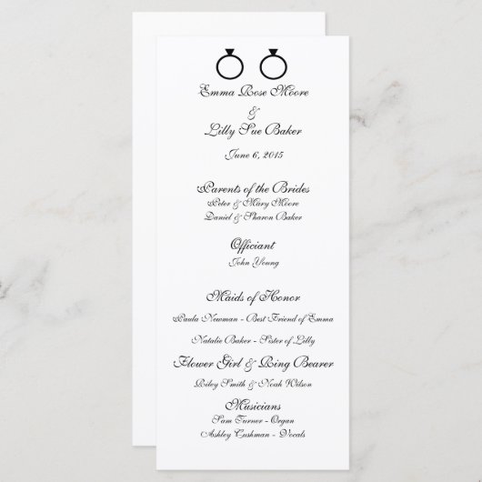 "Dubbele ringen" Trouwprogramma's Programmakaart (Voorkant / Achterkant)