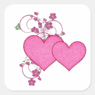 Dubbele Roze Hart & Glitter Ontwerp Valentijnsdag Vierkante Sticker