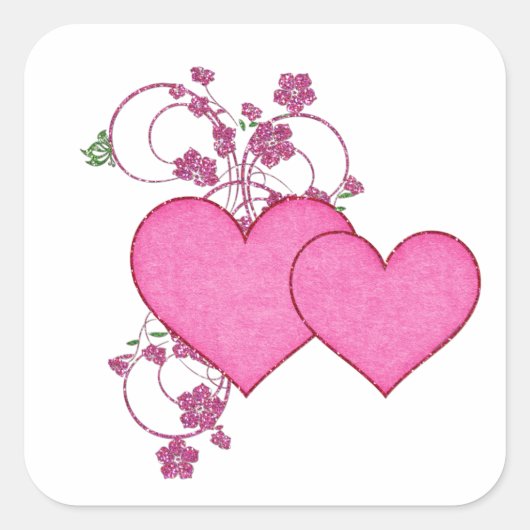Dubbele Roze Hart & Glitter Ontwerp Valentijnsdag Vierkante Sticker (Voorkant)