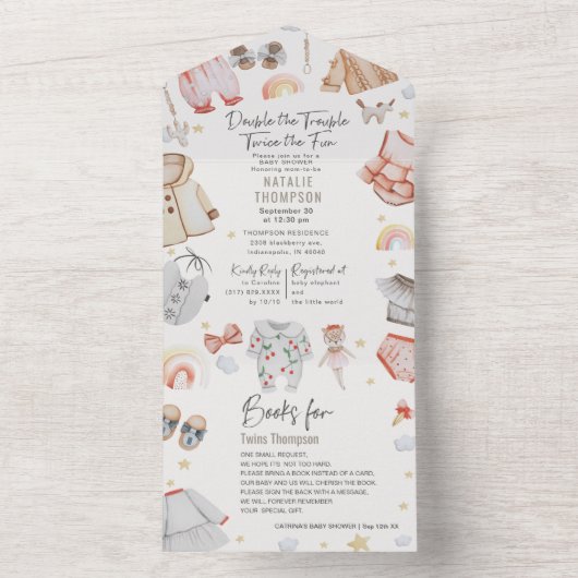 Dubbele troebele kleren Twins Girls boeken Baby Sh All In One Uitnodiging (Binnen)