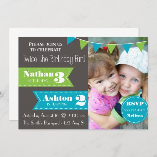Dubbele uitnodiging voor een feest (jongen/jongen) (Voorkant / Achterkant)