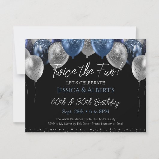 Dubbele Verjaardag Blauwe en Zilveren Ballonuitnod Kaart (Voorkant)