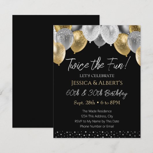 Dubbele Verjaardag Goud en Zilveren Ballon Uitnodi Kaart (Voorkant / Achterkant)