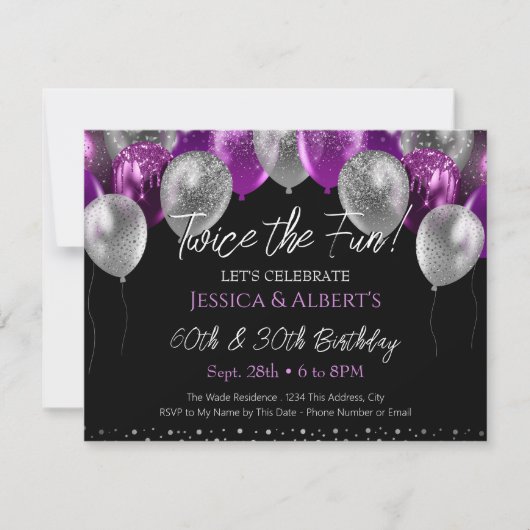 Dubbele Verjaardag Paarse en Zilveren Ballon Kaart (Voorkant)