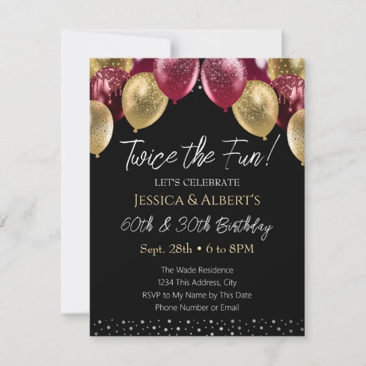 Dubbele Verjaardag Rood en Goud Ballon Uitnodiging (Voorkant)