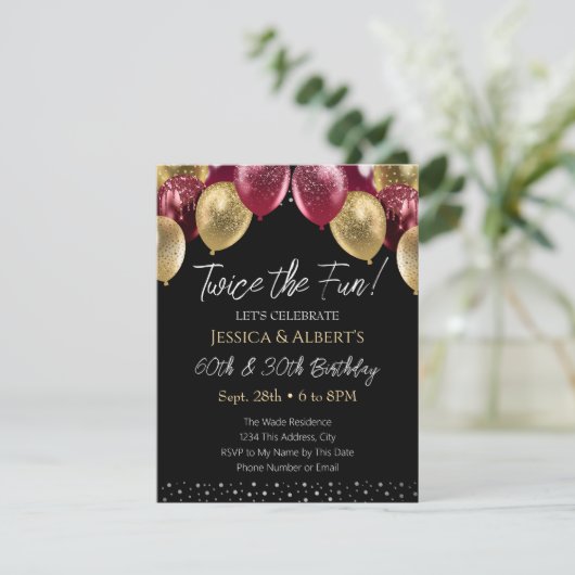 Dubbele Verjaardag Rood en Goud Ballon Uitnodiging (Staand voorkant)
