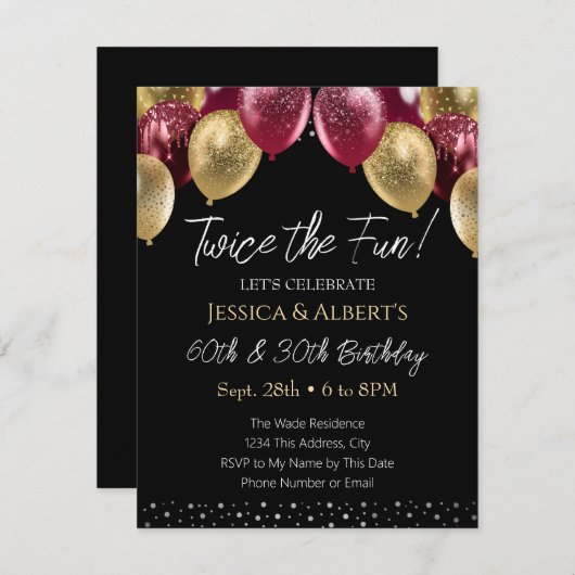 Dubbele Verjaardag Rood en Goud Ballon Uitnodiging (Voorkant / Achterkant)
