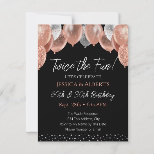 Dubbele Verjaardag roze en Zilveren Ballon Uitnodi Kaart (Voorkant)