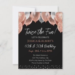 Dubbele Verjaardag roze en Zilveren Ballon Uitnodi Kaart