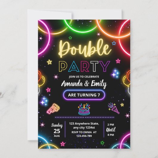 Dubbele Verjaardag Uitnodiging, Tweeling Neon Verj Kaart (Voorkant)