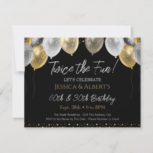 Dubbele Verjaardag Zwart en Gouden Ballonnen Kaart (Voorkant)