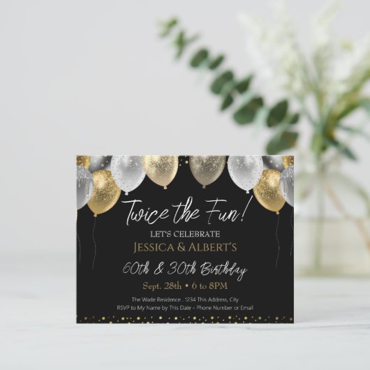 Dubbele Verjaardag Zwart en Gouden Ballonnen Kaart (Staand voorkant)