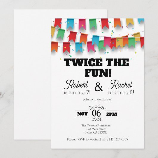 Dubbele verjaardagsuitnodiging Sjabloon Kaart (Voorkant / Achterkant)