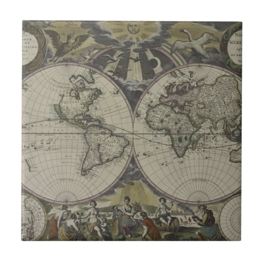 Dubbele Wereldkaart halfrond | 1672 Tegeltje (Voorkant)