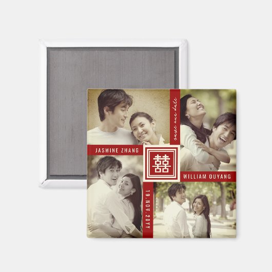 Dubbele Xi Chinese bruiloft 4 foto Opslaan van de  Magneet (Voorkant / Achterkant)