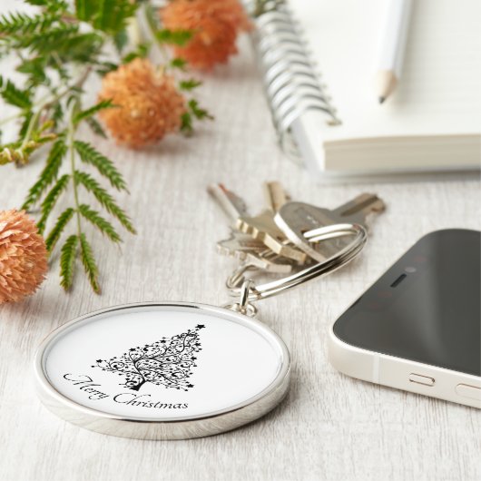 Dubbele zwarte en witte minimale kerstbomen sleutelhanger (Zijkant)