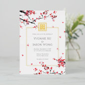 Dubbelgeluk Chinese rode legante bruiloft Folie Uitnodiging (Staand Voorkant)