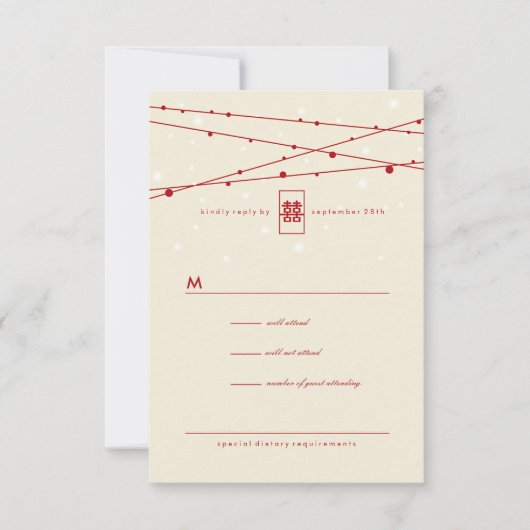 Dubbelgeluk Fairy Lights Chinese bruiloft RSVP Kaartje (Voorkant)